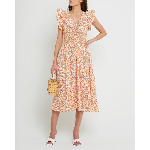 O.P.T Smocked Waist Ruffle Scilla Midi Dress Orange Floral Size Small NWOT - Picture 1 of 13
